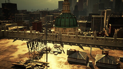 Naklejka premium Golden sunlight bathes the rooftops of a bustling city, highlighting structures and a stunning dome. Scaffolding and tools reflect the dynamic energy of urban life at dusk.