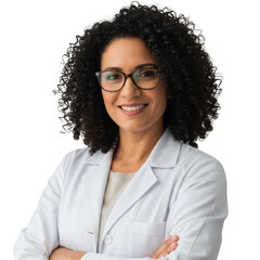 Smiling woman wearing glasses and lab coat isolated on transparent background