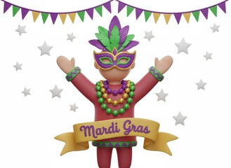 Mardi Gras Character with Mask and Beads - Festive Celebration Illustration