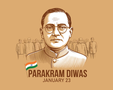 Indian freedom fighter Netaji Subhash Chandra Bose Vector art for Parakram Diwas.