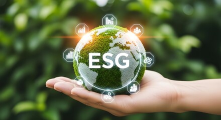 Hand holding a glowing green egg shaped globe with esg text and icons representing sustainability