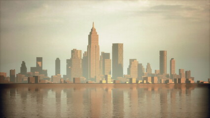 Fototapeta premium Tall buildings dominate the skyline, casting shadows over tranquil water. Soft sunlight glows behind structures, creating a serene atmosphere. A perfect moment of urban beauty.