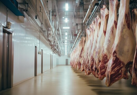 AI generator image of Freezer room, Blast Freezer, very cold for freezing meat and fresh food.Inside a meat processing plant or industrial cold storage room used to store freshly butchered beef 