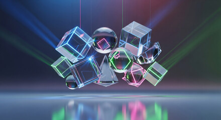 Abstract geometric shapes with neon lights and reflections on a shiny surface