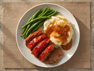 American meatloaf with tomato glaze, mashed potatoes with gravy, and green beans. The hearty presentation highlights a traditional comfort food dish.