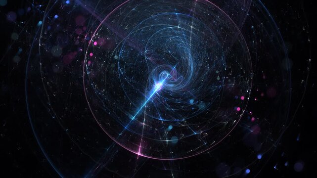 A glowing spiral vortex in blue and purple radiates light and motion, evoking a wormhole or galactic core. Dynamic and futuristic.