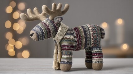 christmas patchwork concept. Soft toy moose with a cozy knit design and a blurred bokeh background.
