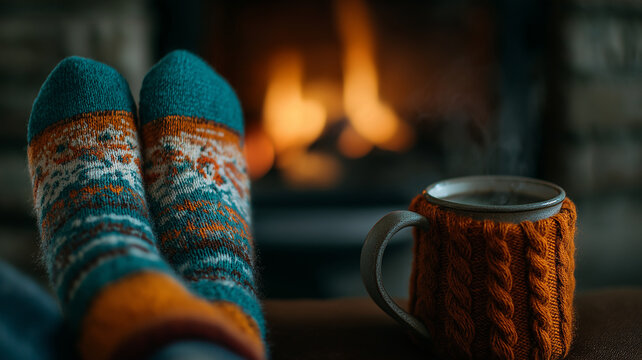 Winter, christmas winter, snowfall in winter cozy winter evening with feet in warm socks near a fireplace and a mug of hot drink, creating a sense of comfort and relaxation