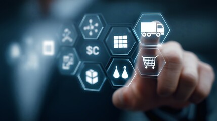 Supply Chain Management and Digital Interaction: A close-up view of a person's finger, interacting with a digital interface that shows key components of the supply chain process.