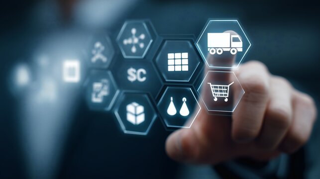Supply Chain Management and Digital Interaction: A close-up view of a person's finger, interacting with a digital interface that shows key components of the supply chain process.