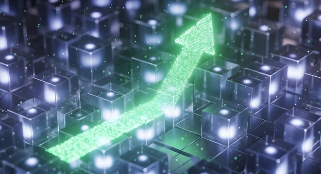 Digital growth concept with glowing green arrow rising from data cube network.