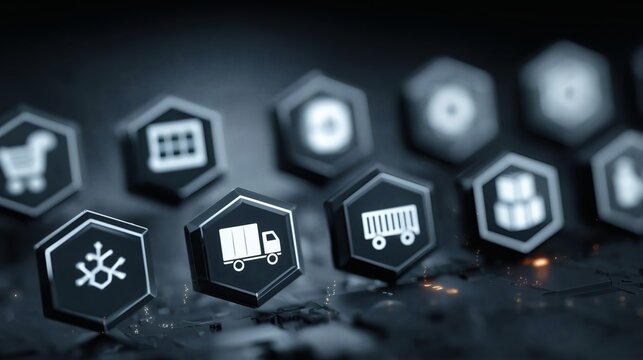 Logistic Icon in Hexagon: A dark and moody close-up of hexagon icons representing different logistics industry on a textured surface.