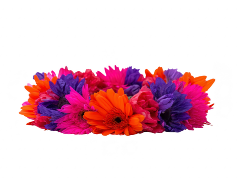 Bright orange, pink, and purple flowers arranged in cheerful, vibrant bouquet, isolated on transparency background, creating lively and colorful floral display