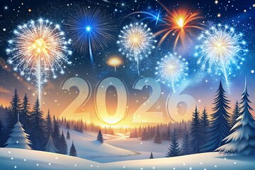 Vibrant new year s eve fireworks illuminate a snowy forest landscape with the year 2023