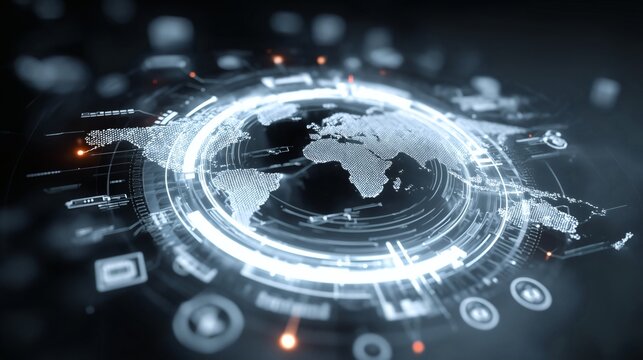 Global Network's digital web: An illuminated digital interface encapsulates a globe map, intertwined with glowing lines and interactive components, representing a world-spanning network.