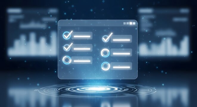Digital checklist interface with completed and incomplete tasks, data analysis background, modern technology concept.