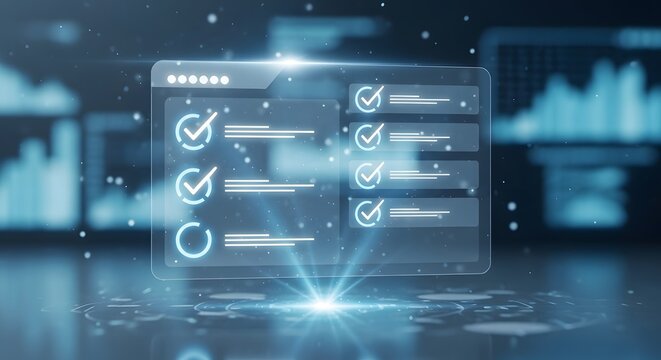 Digital checklist interface with completed tasks, progress, and futuristic data visualization, blue tones.