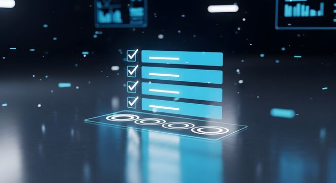 Digital checklist with completed tasks, progress bars, and futuristic interface elements, blue tones. - Powered by Adobe