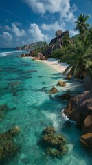 AI generator image of The beach is beautiful, with unique rock formations and crystal clear waters. The beach in the picture is world-renowned for its pristine and natural beauty. The water is crystal