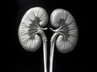 3D composition: patient supine, KUB left kidney stone on display, technician adjusting monitor, sterile blue backdrop