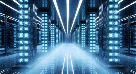 Futuristic server room with glowing blue lights, data center, digital network infrastructure concept.