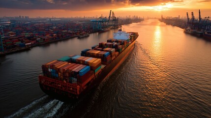 The Ship's Voyage: An aerial view captures a massive cargo ship navigating a serene waterway at sunset. The vessel, laden with colorful containers, slices through the water with effortless precision.
