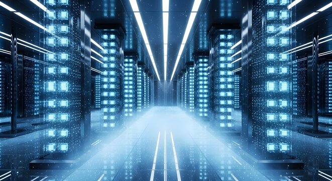 Futuristic server room with glowing blue lights, data center, digital network infrastructure concept.