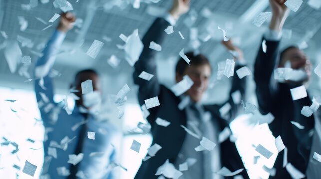 business team celebrating success in modern office with confetti, happiness and teamwork, professional environment