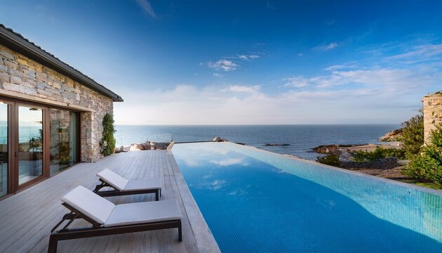 seaside stone villa with infinity pool and lounge chairs luxurious coastal retreat for relaxation