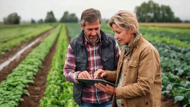Harvest Harmony: A pair of dedicated farmers reviews their crop yield on a tablet in the midst of their lush fields, embodying a blend of tradition and modern innovation.