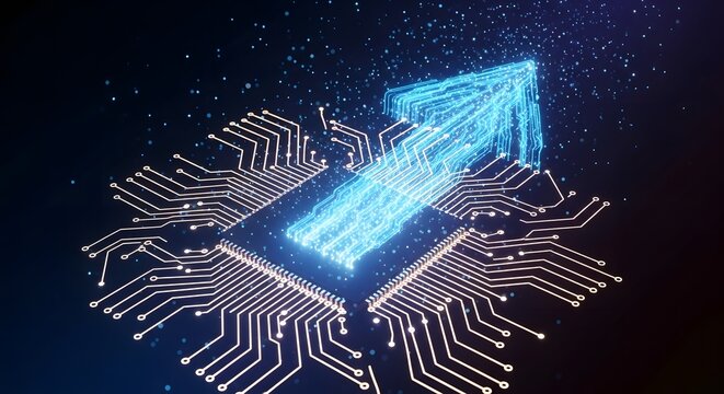 Abstract glowing circuit board with upward arrow representing data flow and technological advancement.