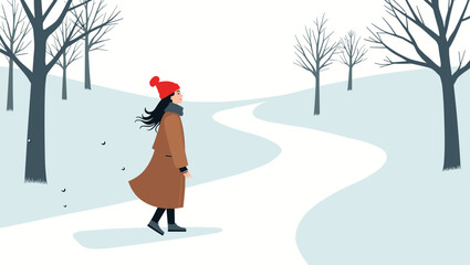 Woman walking snowy trail through bare winter park in long brown coat and red hat, calm winter solitude concept