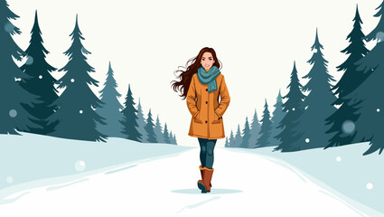 Woman walking snowy trail among pine forest wearing orange jacket and teal scarf, winter recreation concept