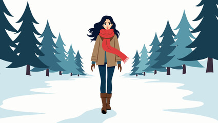Woman walking snowy trail surrounded by spruce trees wearing brown jacket and red scarf, peaceful winter nature concept