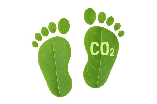 Green leaf footprints with co2 symbol illustrating carbon footprint, environmental ecology, and sustainable living concept