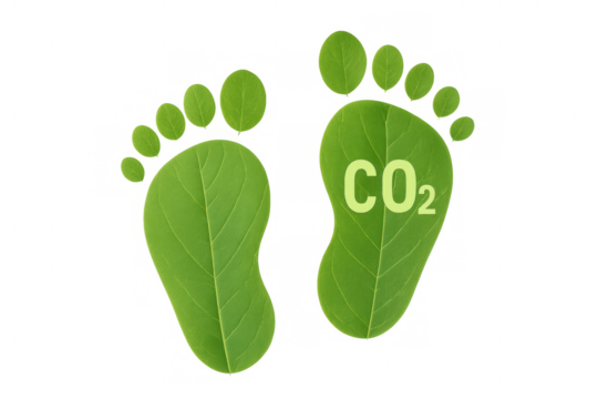 Green leaf footprints with co2 symbol illustrating carbon footprint, environmental ecology, and sustainable living concept