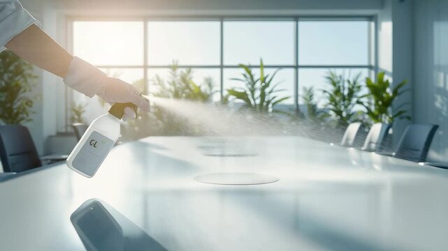 Person disinfecting office meeting room table with sanitizer spray in bright daylight ensuring hygiene and cleanliness in workplace