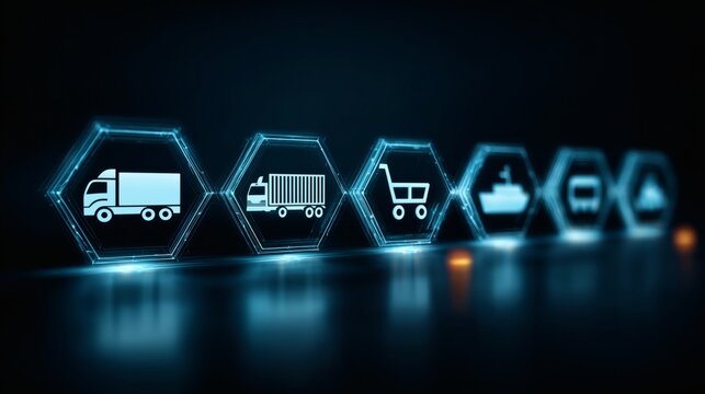 Digital Transportation: A technological display showcases a range of modern vehicles, from trucks to ships, symbolizing the movement of goods in a digital era. 
