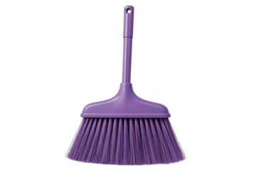 Purple plastic broom with synthetic bristles, standing upright. Essential household cleaning tool, transparent background