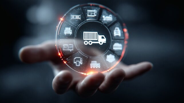 Logistics in Hand: A conceptual image showcases a hand cradling a digital interface symbolizing transportation, logistics, and the global movement of goods.