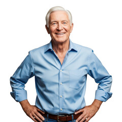 Smiling elderly man in blue shirt isolated on transparent background