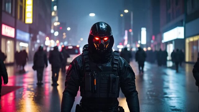 Futuristic AI riot control soldier with glowing red eyes standing in a rainy city at night.