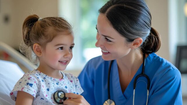 Smiling female nurse practitioner checking a happy little girl's heartbeat with a stethoscope in a hospital.