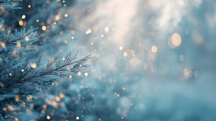 Winter, christmas winter, snowfall in winter delicate frost on a pine tree branch, illuminated by soft, golden bokeh lights, creating a dreamy winter wonderland