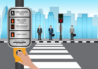 Hand Pressing Crosswalk Button. Pedestrian Traffic Button. Vector Illustration.
