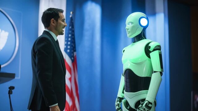 Human Politician Shaking Hands with Humanoid AI Advisor During Press Conference
