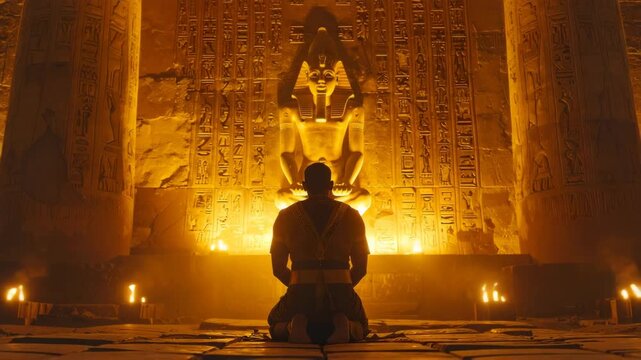 Pharaoh Kneeling Before Statue of Osiris with Glowing Hieroglyphs on Dramatic Temple Wall