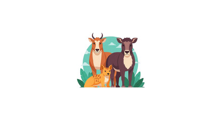 Illustration of Domestic Animals Cow, Buffalo, and Dog in a Natural Setting
