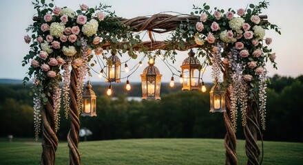 floral arch, elegant wedding ceremony, lush greenery, candles, romantic lighting, outdoor venue, nature backdrop
