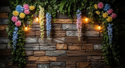 stunning floral arch, vibrant bouquets, lush greenery, rustic stone wall, warm string lights, enchanting ambiance, fairytale-like setting, captivating natural backdrop, breathtaking garden decor